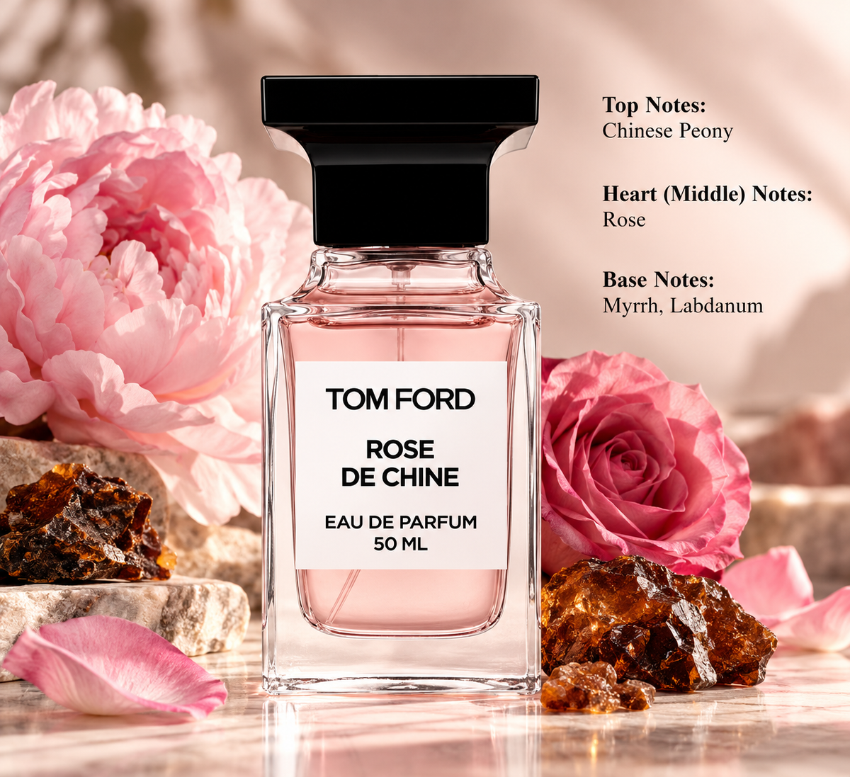 Tom Ford Rose de Chine Eau de Parfum 50ml in an elegant transparent glass bottle with soft pink fragrance and a black cap, surrounded by delicate Chinese peonies, pink roses and warm amber resin. A luxurious unisex floral fragrance featuring rose, myrrh and labdanum, presented in a refined blush pink setting.
