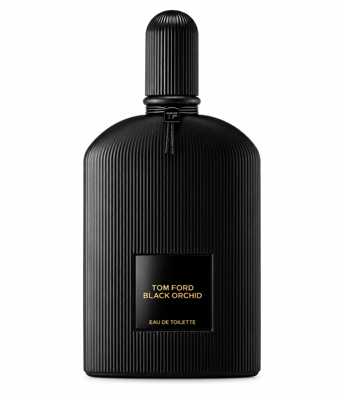 Tom Ford Black Orchid 100ml Eau de Toilette in its signature matte black ribbed bottle, finished with a black plaque, subtle gold lettering and elegant TF neck detail, photographed against a clean pure white background.