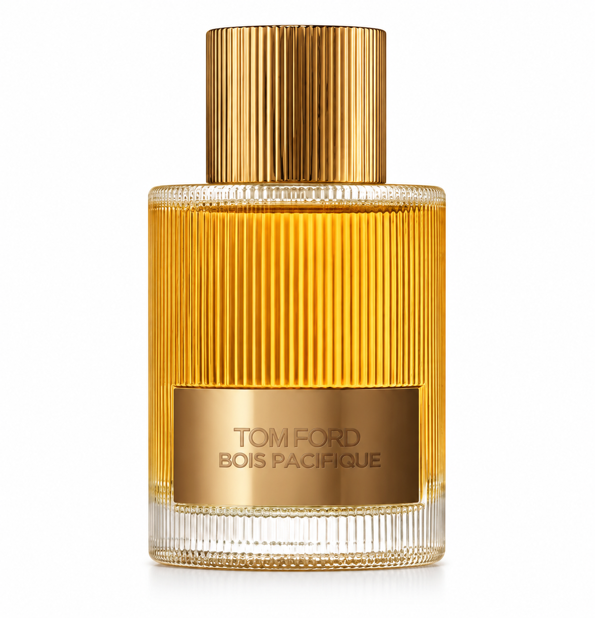 Tom Ford Bois Pacifique in its elegant ribbed glass bottle filled with warm amber-toned fragrance, finished with a polished gold cap and matching metallic front plaque, photographed against a clean pure white background.