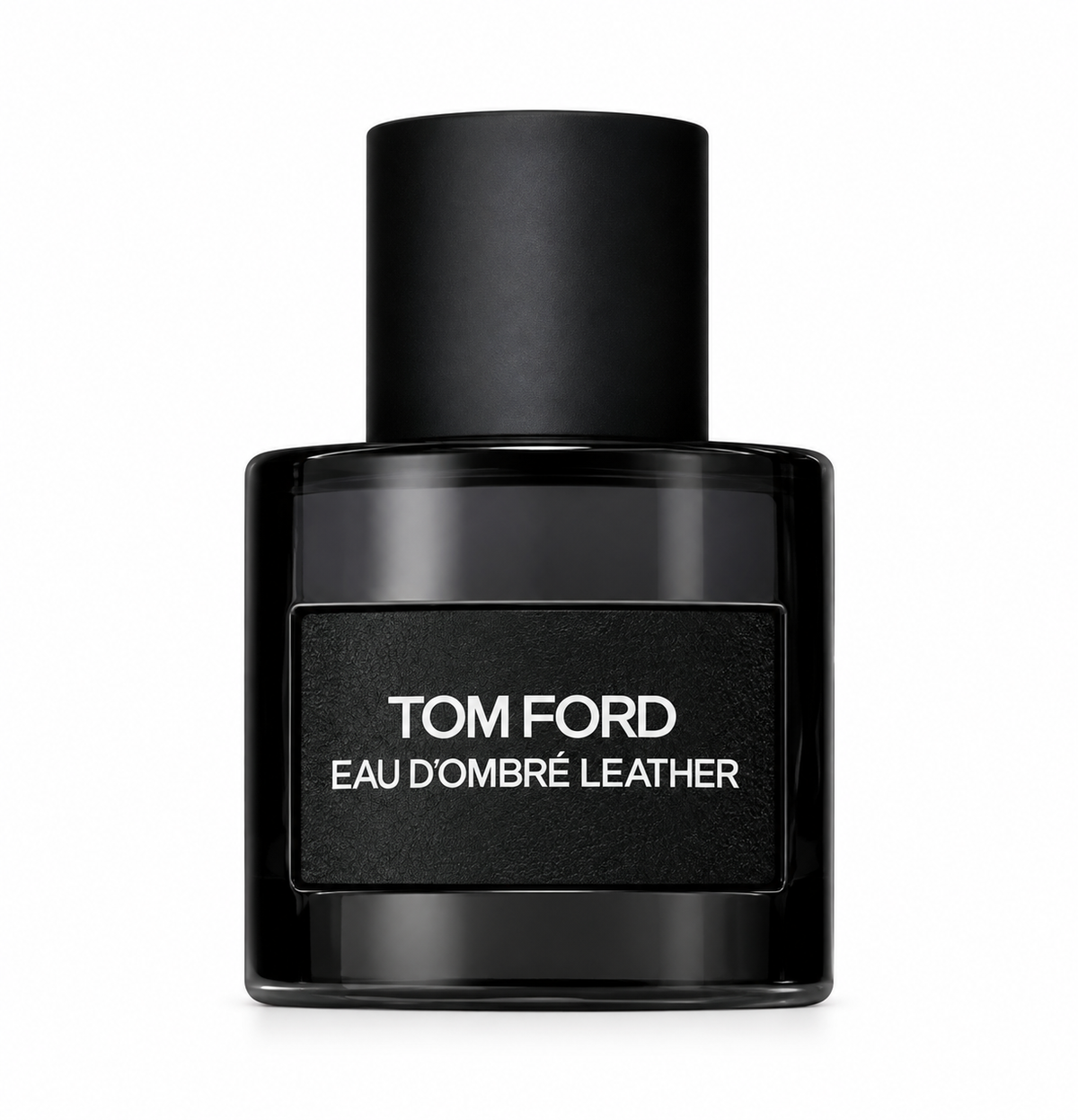 Tom Ford Eau d’Ombré Leather presented in its sophisticated glossy black bottle with matte black cap and textured front label, isolated against a clean pure white background.