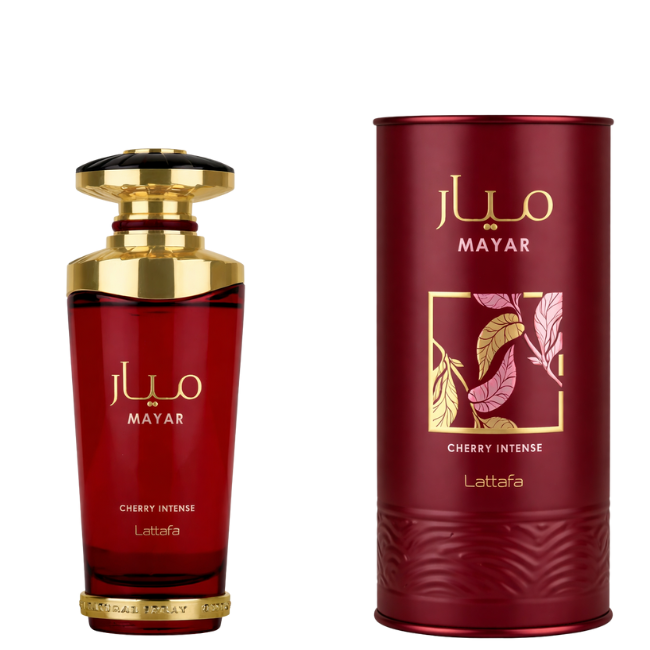 Lattafa Mayar Cherry Intense 100ml Eau De Parfum in a deep red tapered bottle alongside its matching matte red cylindrical packaging with gold leaf detailing.