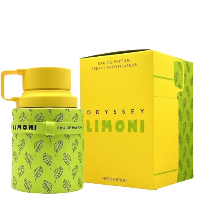 Armaf Odyssey Limoni Fresh Edition 100ml Eau De Parfum for Men and Women in yellow bottle with green leaf-patterned sleeve and packaging.