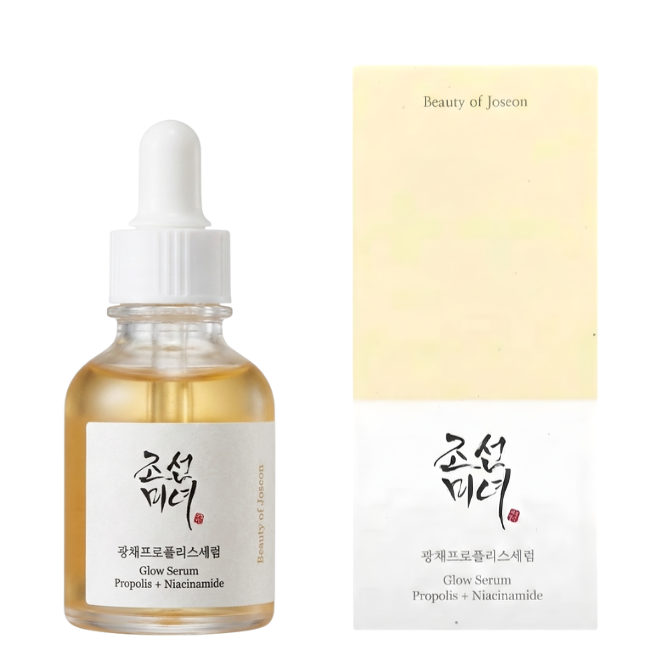Beauty of Joseon Glow Serum 30ml in a clear glass dropper bottle with amber liquid, alongside its cream and white minimalist Hanbang-style packaging.