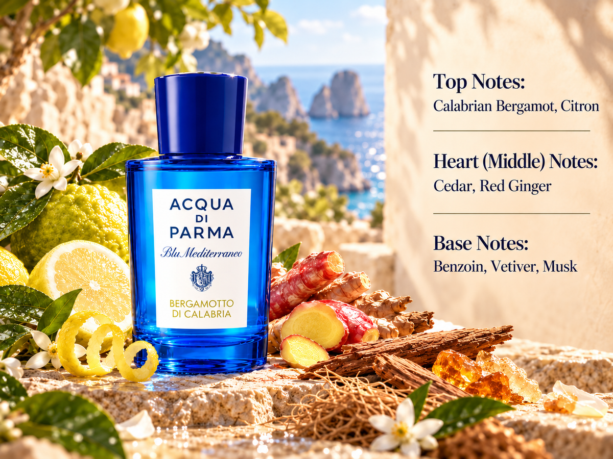 Acqua di Parma Blu Mediterraneo Bergamotto di Calabria perfume bottle in a bright Mediterranean coastal setting with Calabrian bergamot, citron, red ginger, cedar and warm benzoin accents, reflecting its fresh citrus, aromatic and woody fragrance profile.