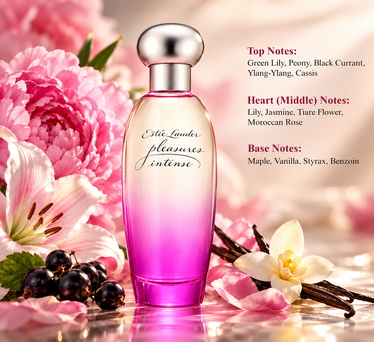 Estée Lauder Pleasures Intense women's perfume in a pink gradient bottle, surrounded by pink peonies, lilies, black currants and vanilla, with fragrance notes including jasmine, Moroccan rose, ylang-ylang, benzoin and styrax.