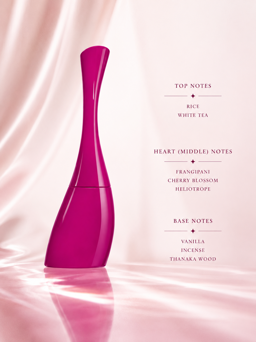 Kenzo Amour displayed with its soft oriental-floral composition:
Top: Rice, White Tea
Heart: Frangipani, Cherry Blossom, Heliotrope
Base: Vanilla, Incense, Thanaka Wood
A warm and comforting fragrance that opens with delicate rice and white tea accords, blossoms into a soft floral heart of frangipani and cherry blossom, and settles into a creamy, sensual base of vanilla, incense, and exotic thanaka wood.Presented in Kenzo’s iconic sculptural fuchsia bottle.