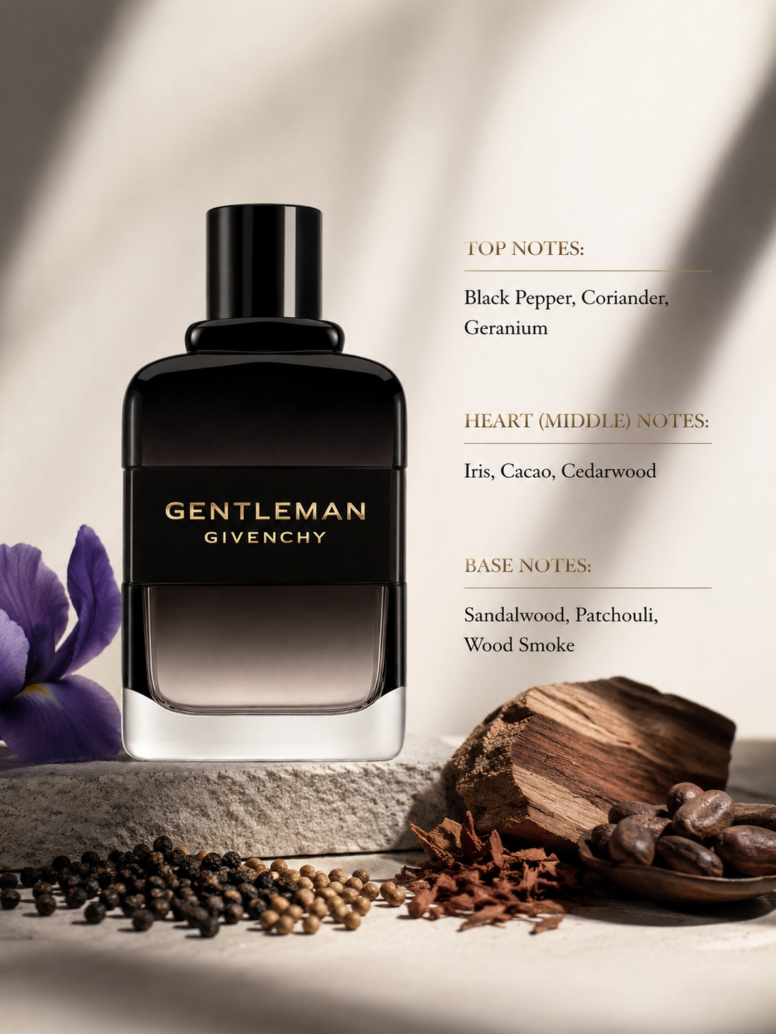 Givenchy Gentleman fragrance bottle displayed with iris petals, black peppercorns, coriander seeds, cacao beans, cedarwood, and smoky wood accents, with fragrance notes listed on the right.