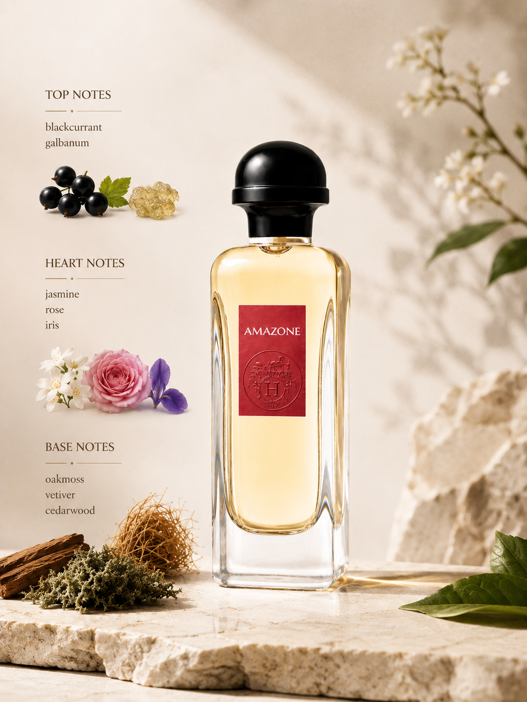Hermès Amazone displayed with its classic chypre-floral composition:
Top: Blackcurrant, Galbanum
Heart: Jasmine, Rose, Iris
Base: Oakmoss, Vetiver, Cedarwood
A timeless and elegant fragrance that opens with the green freshness of galbanum and blackcurrant, develops into a refined floral heart of jasmine, rose, and iris, and settles into a sophisticated woody base of oakmoss, vetiver, and cedarwood. The minimalist bottle design reflects the fragrance's understated luxury and enduring femininity.