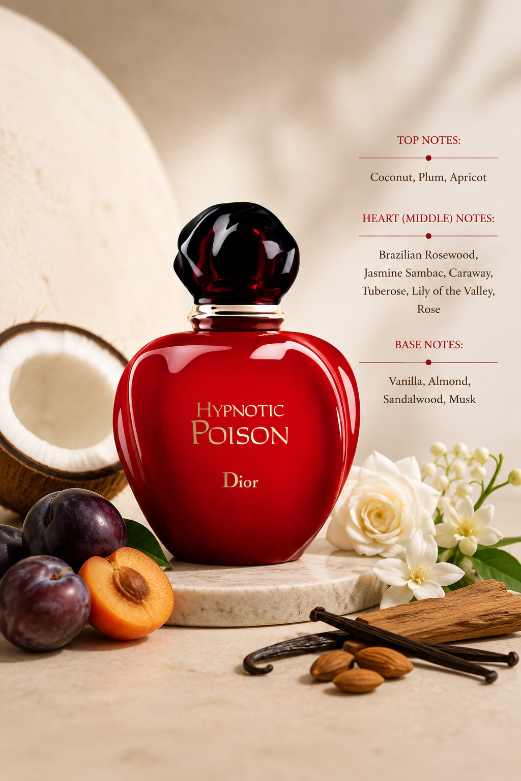 Dior Hypnotic Poison deep red perfume bottle displayed with coconut, plums, almonds, vanilla pods, and white flowers, capturing its rich oriental gourmand fragrance profile.