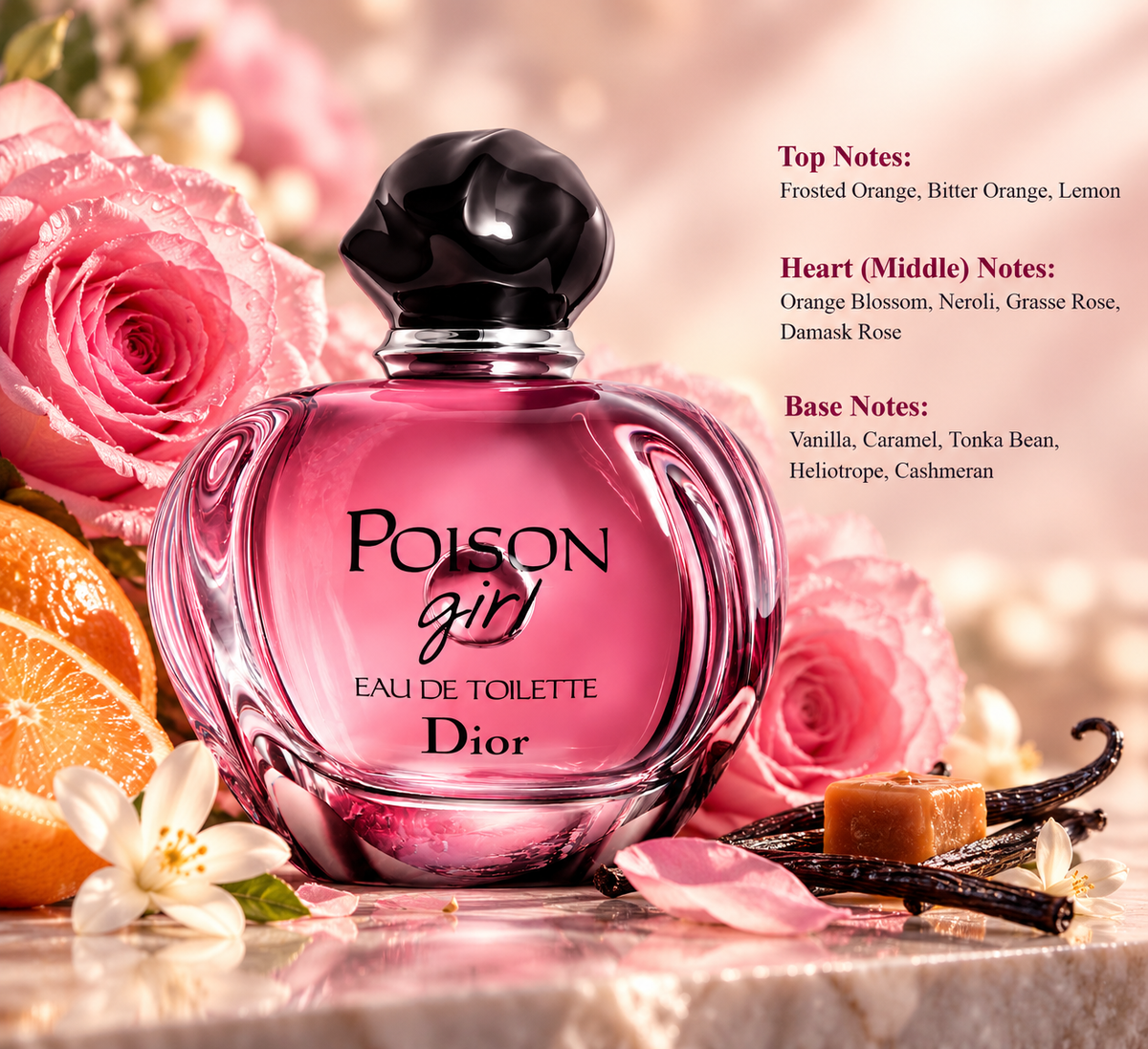 Dior Poison Girl Eau de Toilette for women, featuring a vibrant pink perfume bottle surrounded by pink roses, fresh oranges, white blossoms, vanilla and caramel. A sensual floral gourmand fragrance with frosted orange, bitter orange, lemon, Grasse rose, Damask rose, tonka bean, heliotrope and cashmeran notes.