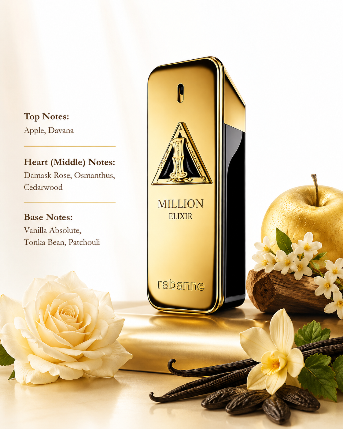 Rabanne 1 Million Elixir 100ml Parfum Intense - Men perfume bottle stands upright on a gold surface with fragrance notes printed on the left and decorative flowers, vanilla beans, and a gold apple on the right.