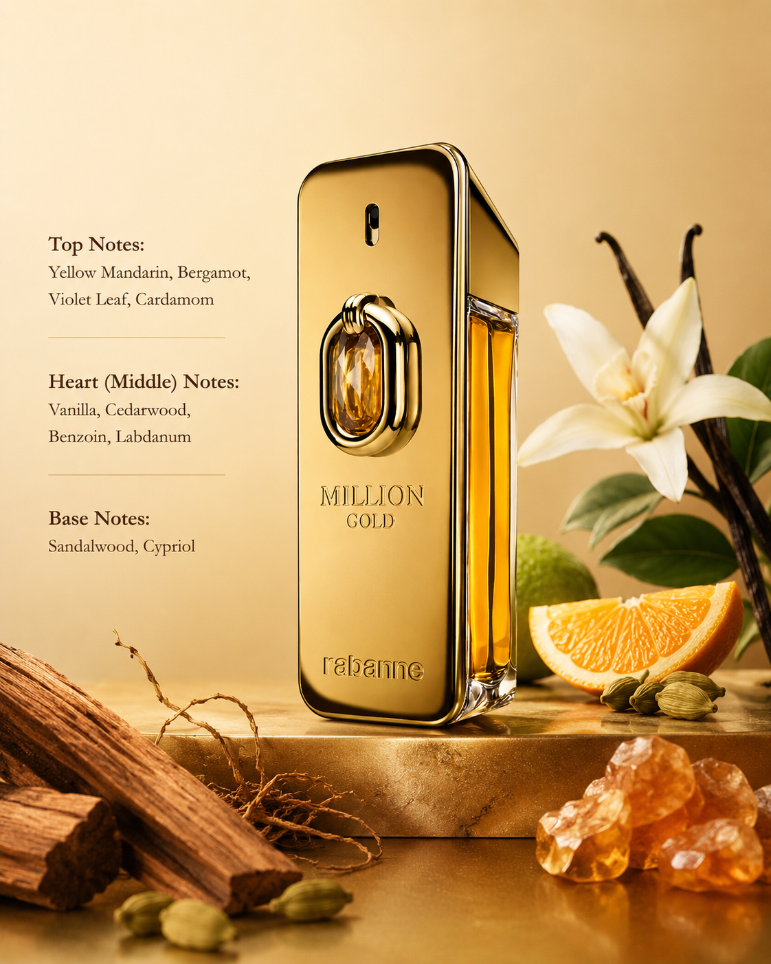 A bottle of Million Gold perfume stands on a gold surface with fragrance notes printed on the left and decorative flowers, citrus slices, spices, and crystals around it.