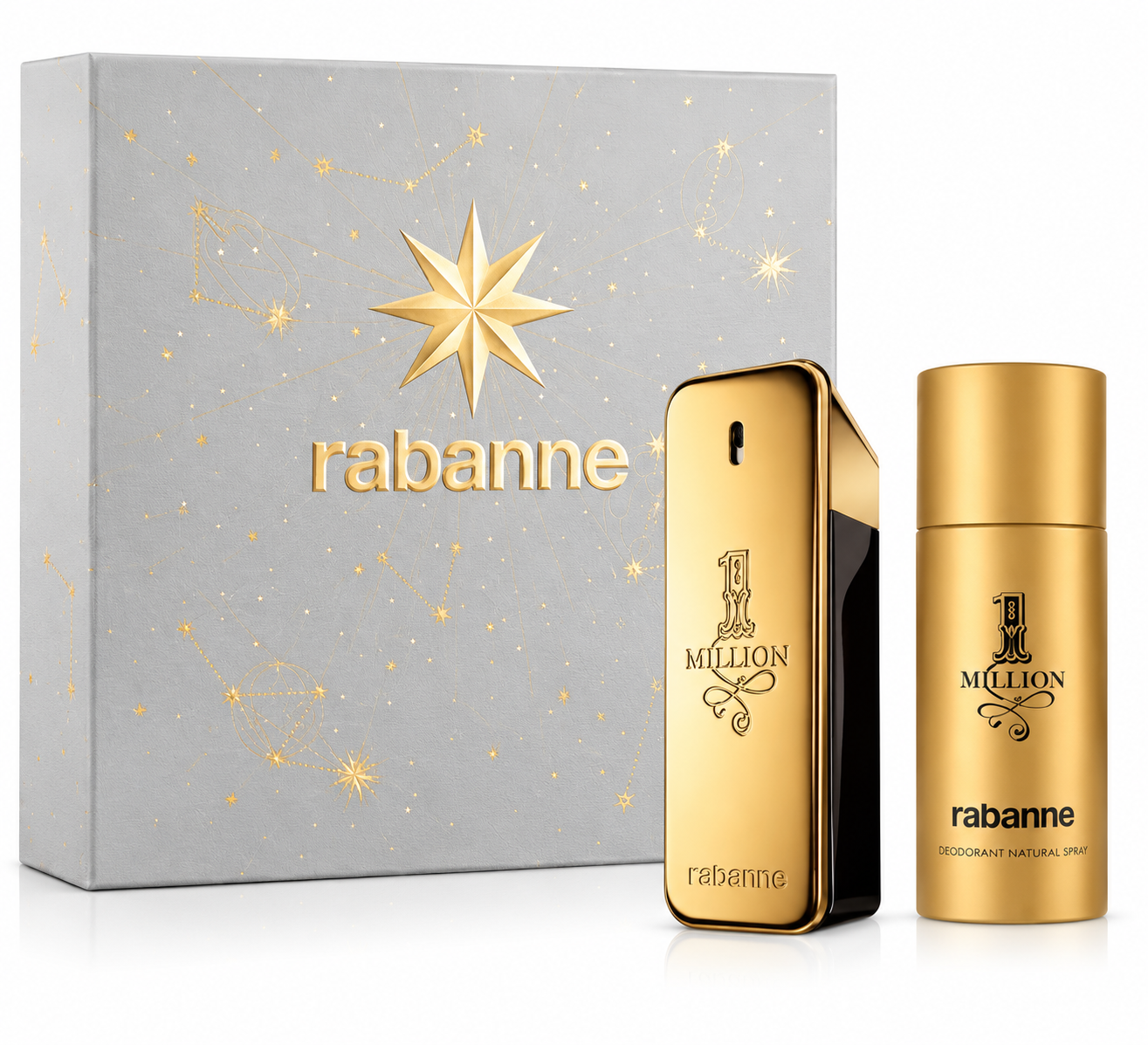 Rabanne 1 Million Gift Set featuring 1 Million Eau de Toilette and deodorant natural spray in a luxury holiday gift box.