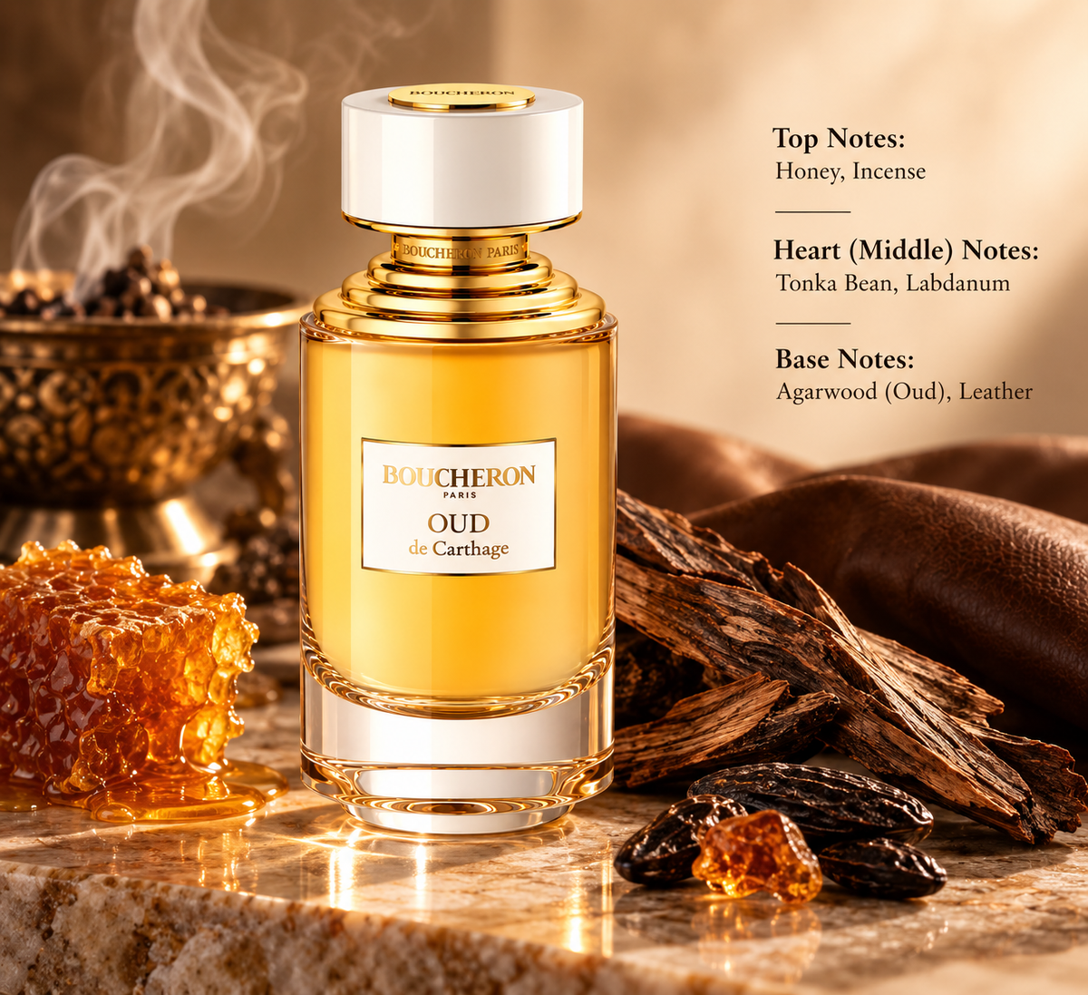 Boucheron Oud de Carthage perfume bottle displayed with honey, incense, oud wood, leather and tonka elements, highlighting its rich smoky, amber, woody and oriental fragrance profile.