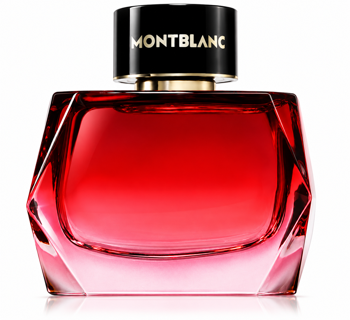 Montblanc Signature Absolue perfume in a striking red and pink faceted glass bottle with a glossy black Montblanc cap and elegant gold detailing, photographed on a clean white background.