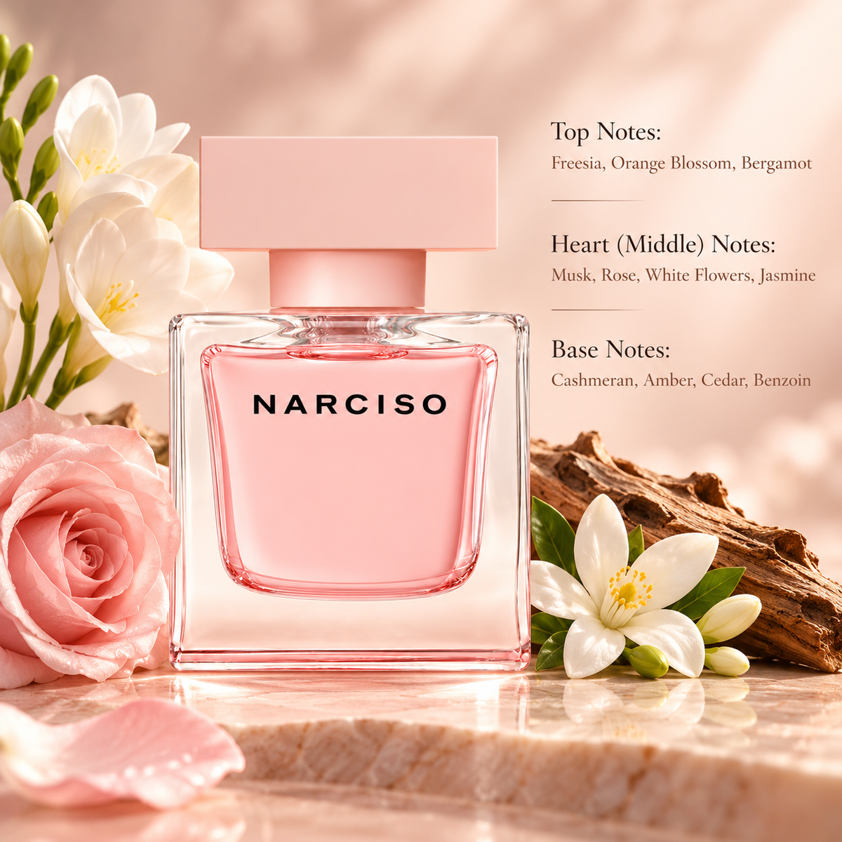 Narciso Rodriguez Narciso women's perfume in a delicate blush pink bottle, surrounded by pink roses, white freesia, jasmine flowers and warm cedarwood. An elegant floral woody musk fragrance with orange blossom, amber and cashmeran, presented in a luxurious, softly lit setting.
