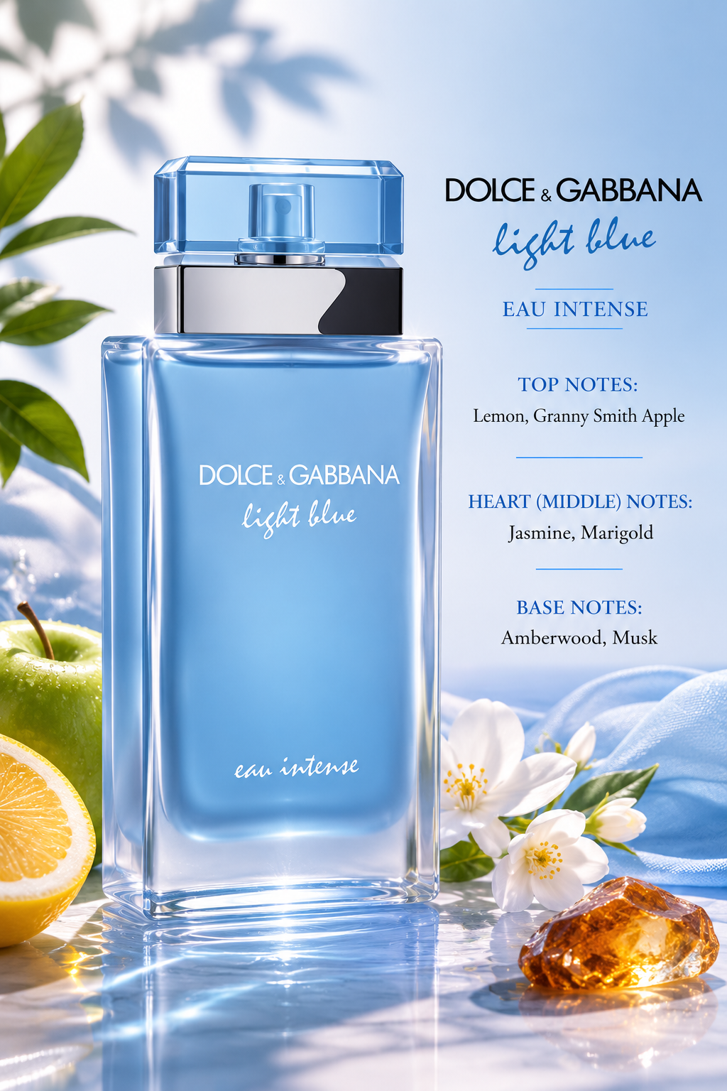 Dolce & Gabbana Light Blue Eau Intense Eau de Parfum fragrance notes presentation featuring the elegant frosted light blue bottle displayed in a fresh Mediterranean-inspired setting with lemon slices, Granny Smith apple, delicate jasmine blossoms, soft blue fabric, green leaves and amber resin. The composition illustrates the fragrance pyramid.