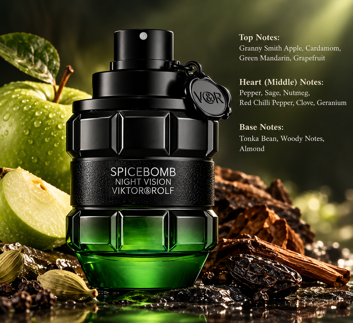 Viktor & Rolf Spicebomb Night Vision Eau de Parfum for men in a striking black and emerald green grenade-shaped bottle, surrounded by Granny Smith apples, cardamom, spices and tonka beans. A bold masculine fragrance with fresh citrus, aromatic sage, warm spices, woody notes and almond.