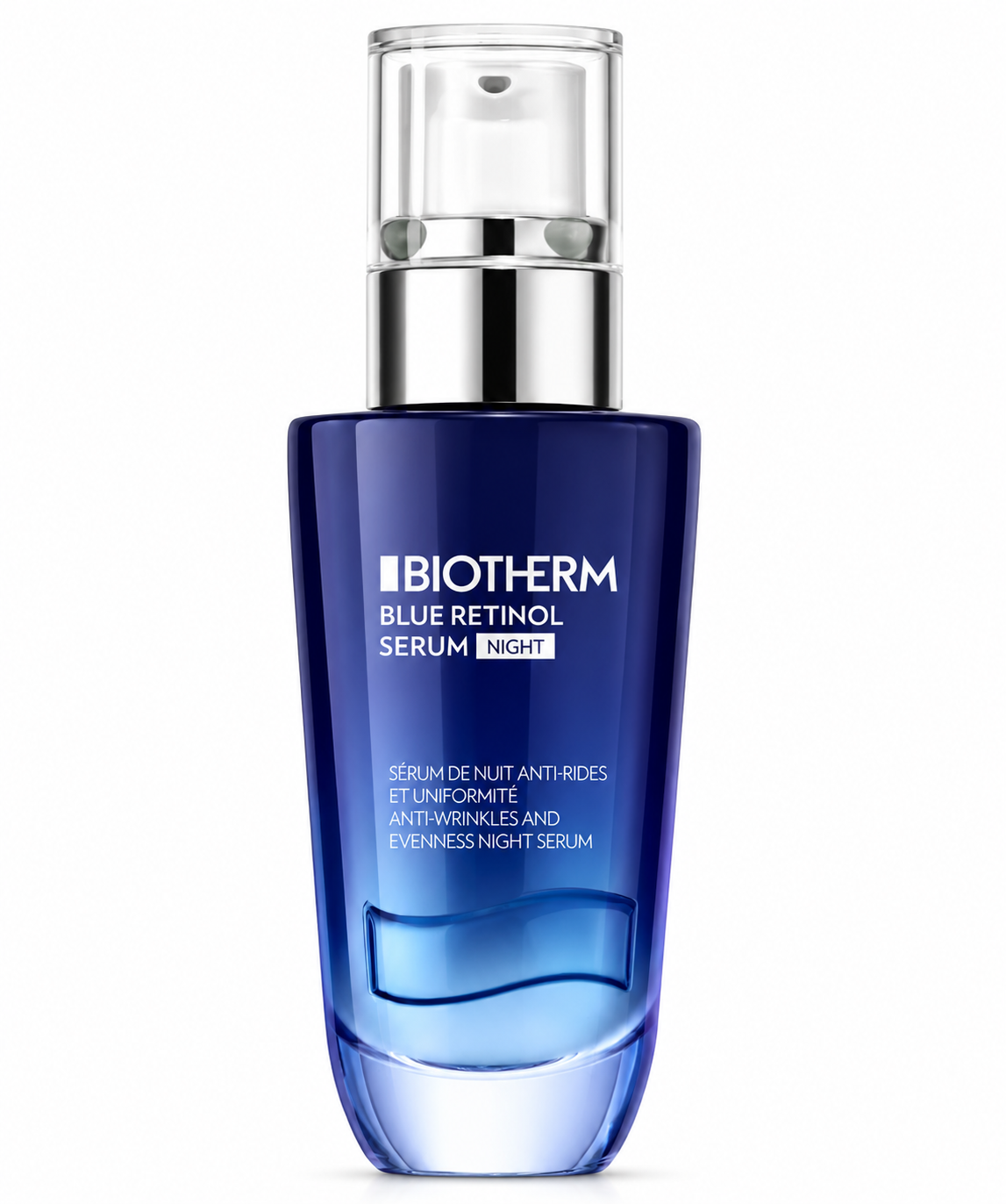 Biotherm Blue Retinol Serum Night in its signature deep blue pump bottle, an anti-wrinkle and skin-evenness night serum, presented on a clean white background.