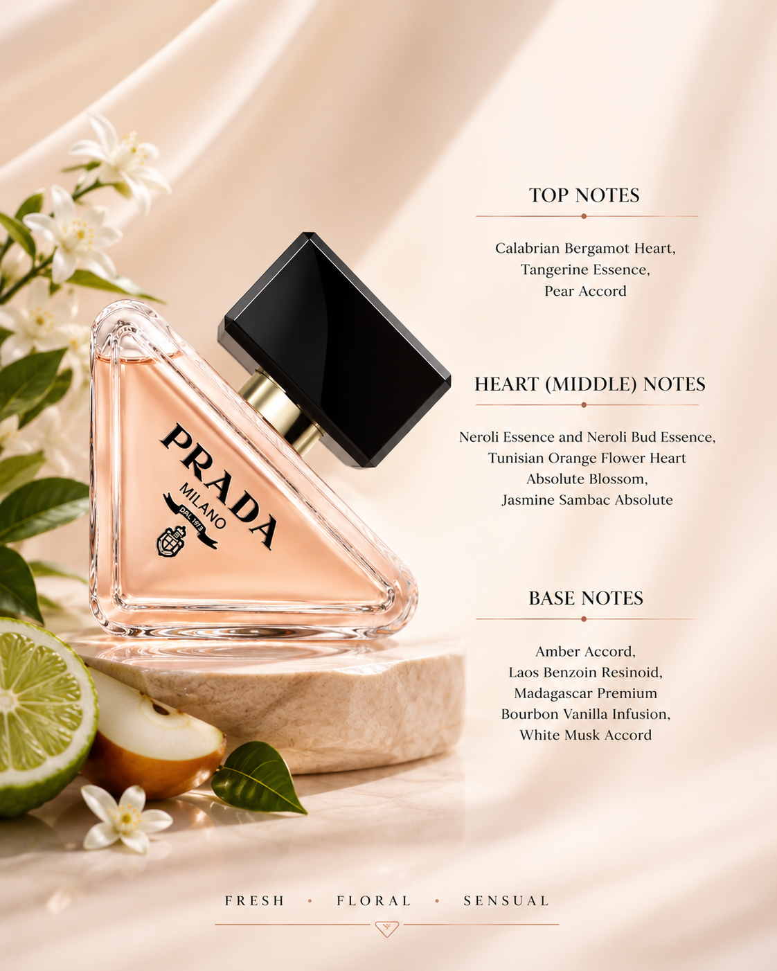 Prada Paradoxe triangular perfume bottle presented with bergamot, pear, citrus slices, jasmine blossoms, and vanilla accents, showcasing its modern floral amber scent.