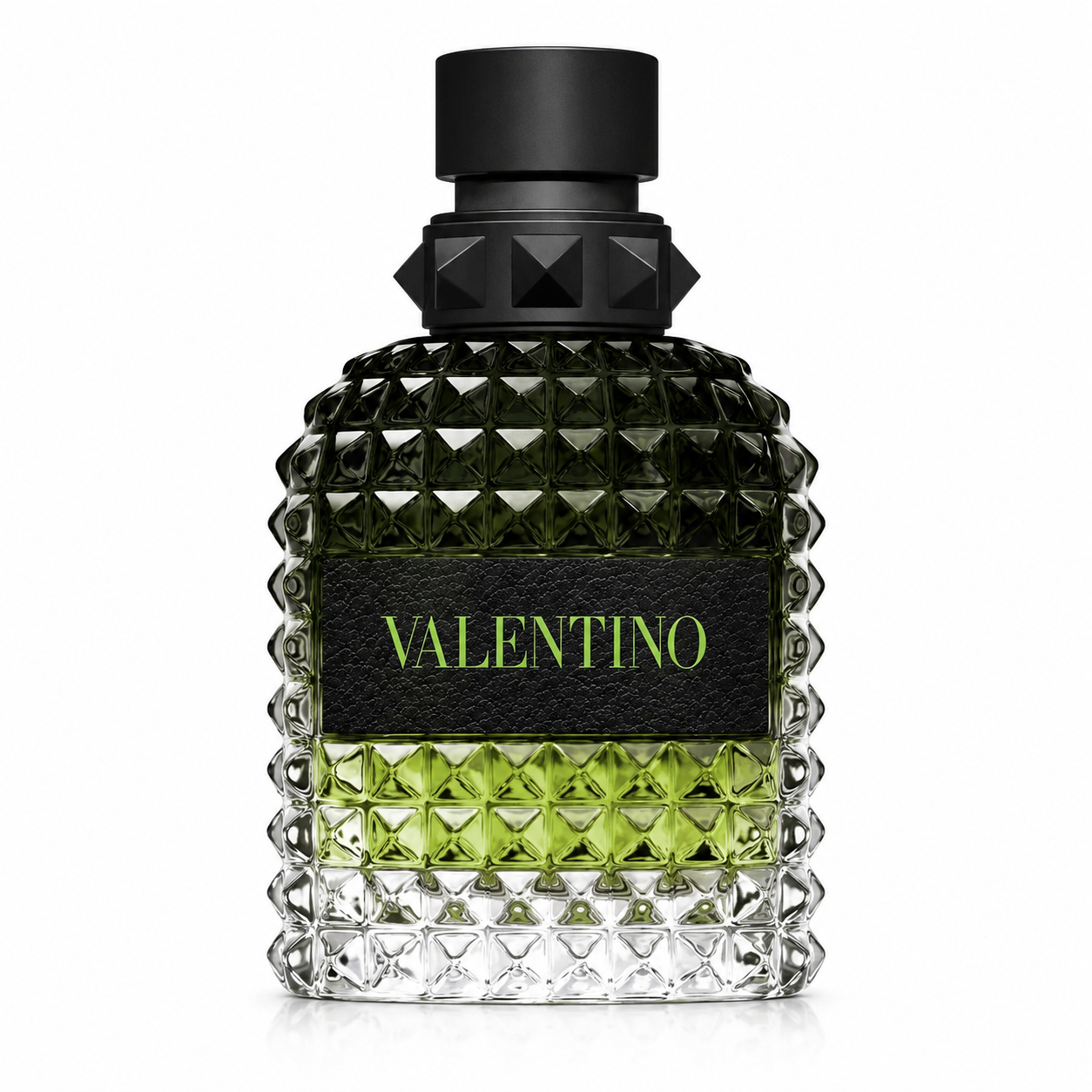 Valentino Uomo Born in Roma Green Stravaganza Eau de Toilette bottle isolated on a white background, featuring a faceted green gradient glass bottle with the signature Rockstud design, matte black studded cap, and black Valentino label with green lettering, showcasing its bold contemporary style.
