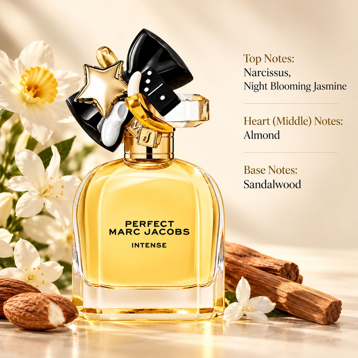 Marc Jacobs Perfect Intense women's perfume in a golden amber bottle with a decorative charm cap, surrounded by delicate narcissus flowers, white jasmine blossoms, almonds and sandalwood. An elegant floral woody fragrance with creamy almond notes, presented in a warm, luxurious setting.
