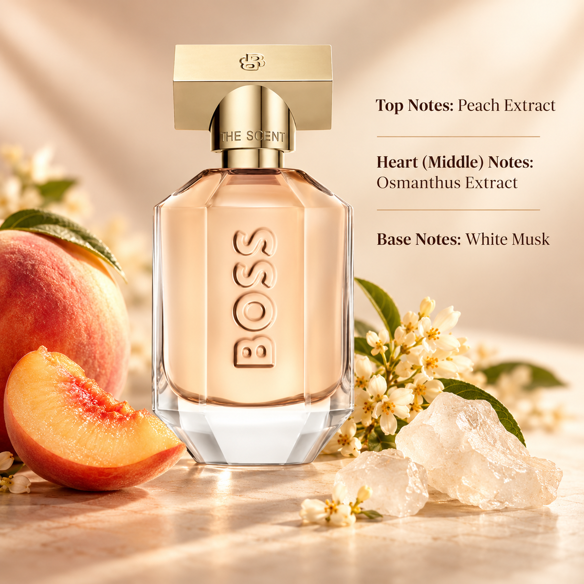 Hugo Boss The Scent for Her perfume in an elegant peach-toned glass bottle with a luxurious gold cap and embossed BOSS logo. Surrounded by juicy peaches, delicate osmanthus flowers and soft white musk-inspired accents. A sophisticated feminine fragrance with fruity, floral and musky notes, presented in a warm, refined setting.