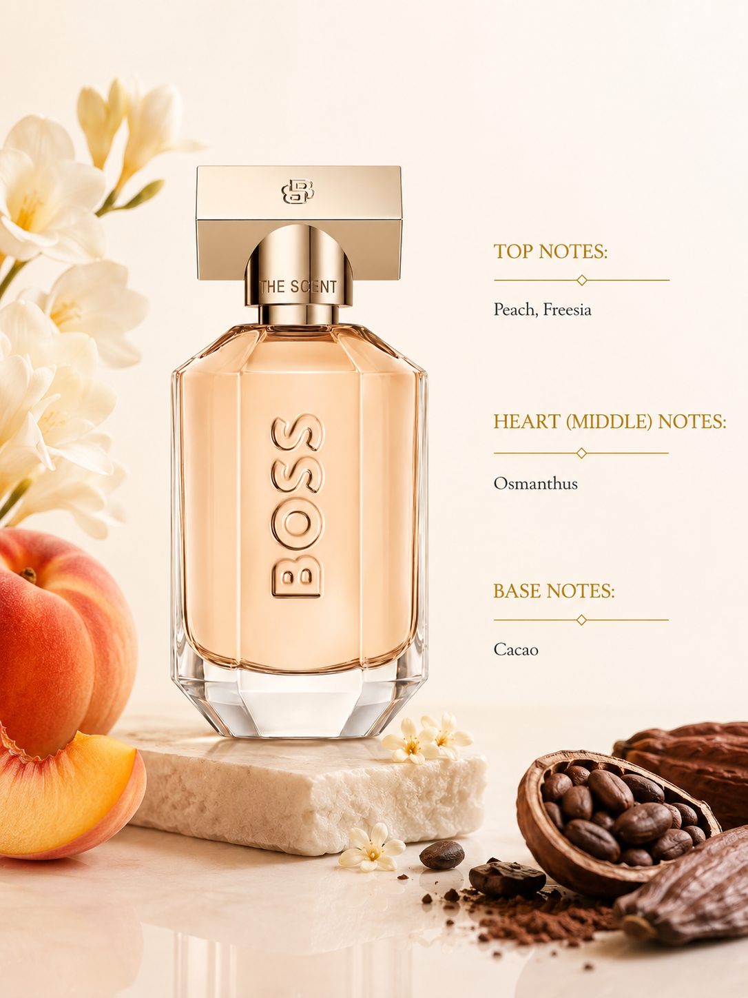 Boss The Scent perfume bottle surrounded by peach, white flowers, cacao beans, and cacao pods, with fragrance notes listed on the right.