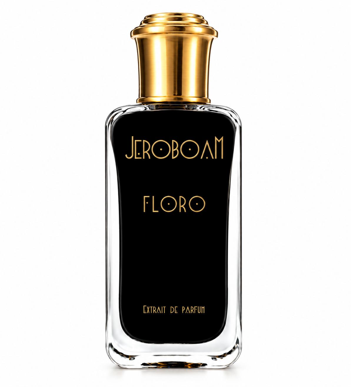 Jeroboam Floro Extrait de Parfum luxury niche fragrance in a sophisticated black bottle with elegant gold lettering, a thick transparent glass frame and a polished gold cap, photographed against a clean white background.