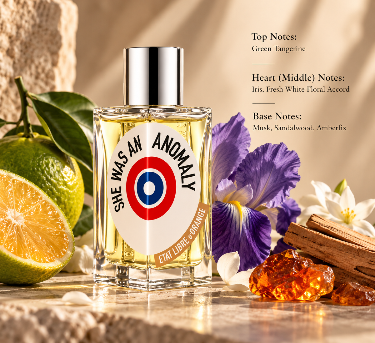 Etat Libre d’Orange She Was An Anomaly Eau de Parfum bottle displayed with green tangerine, purple iris, white florals, sandalwood and amber elements, highlighting its fresh, powdery floral, musky and softly woody fragrance profile.