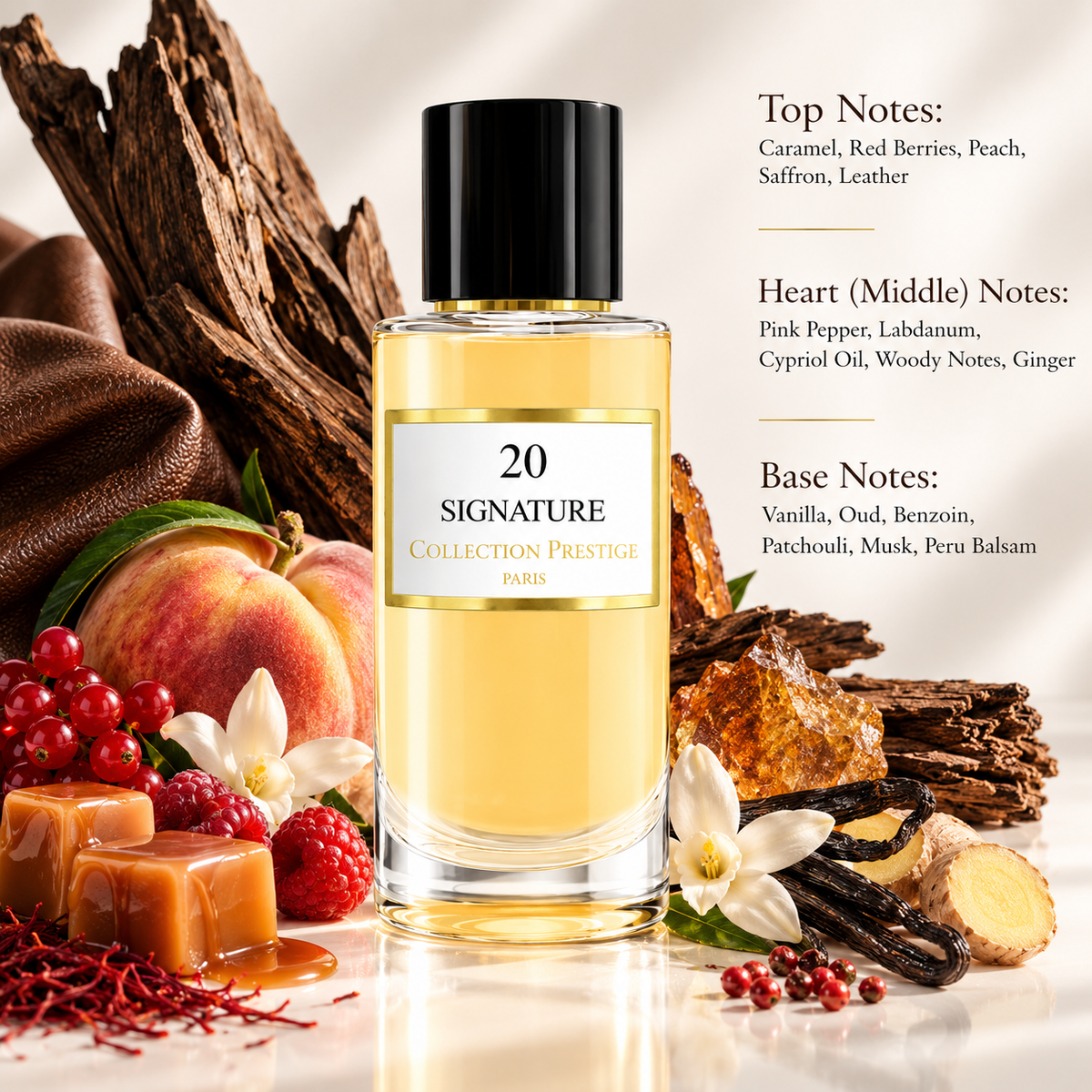 Collection Prestige Signature No.20 50ml displayed in a rich, luxurious composition with caramel, red berries, peach, saffron, leather, woody notes, vanilla, oud and warm balsamic elements, reflecting its fruity, sweet, leathery and woody fragrance character.