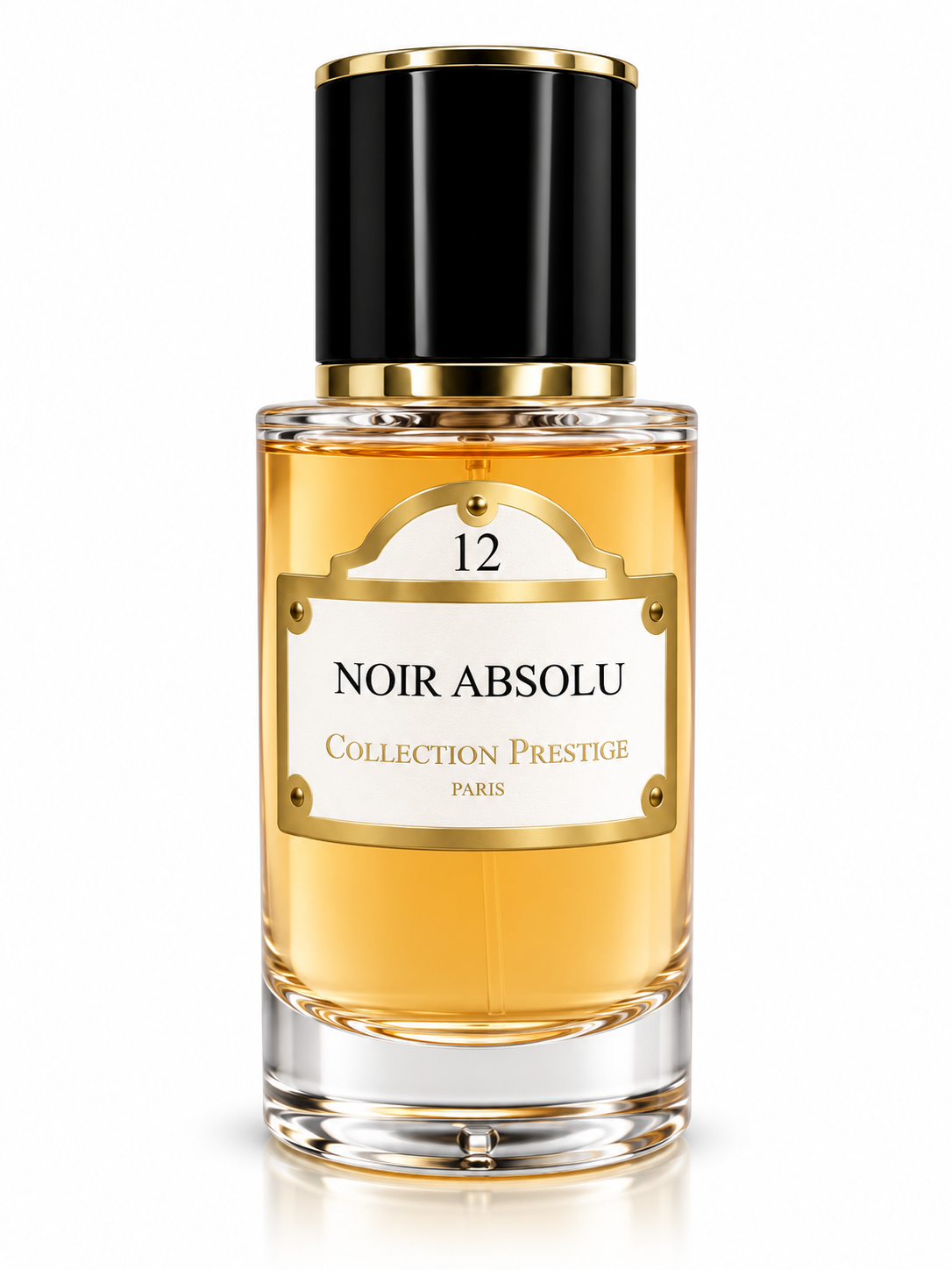 Collection Prestige Noir Absolu No. 12 Eau de Parfum in an elegant clear glass bottle with a glossy black cap and refined gold-trimmed label, displayed on a clean white background. This luxurious woody floral fragrance opens with rich blackcurrant syrup and fresh aquatic notes, unfolds into a sophisticated heart of cyclamen, narcissus, jasmine sambac, and rose, and finishes with an intense base of oud, patchouli, incense, and benzoin for a deep, elegant, and long-lasting scent.
