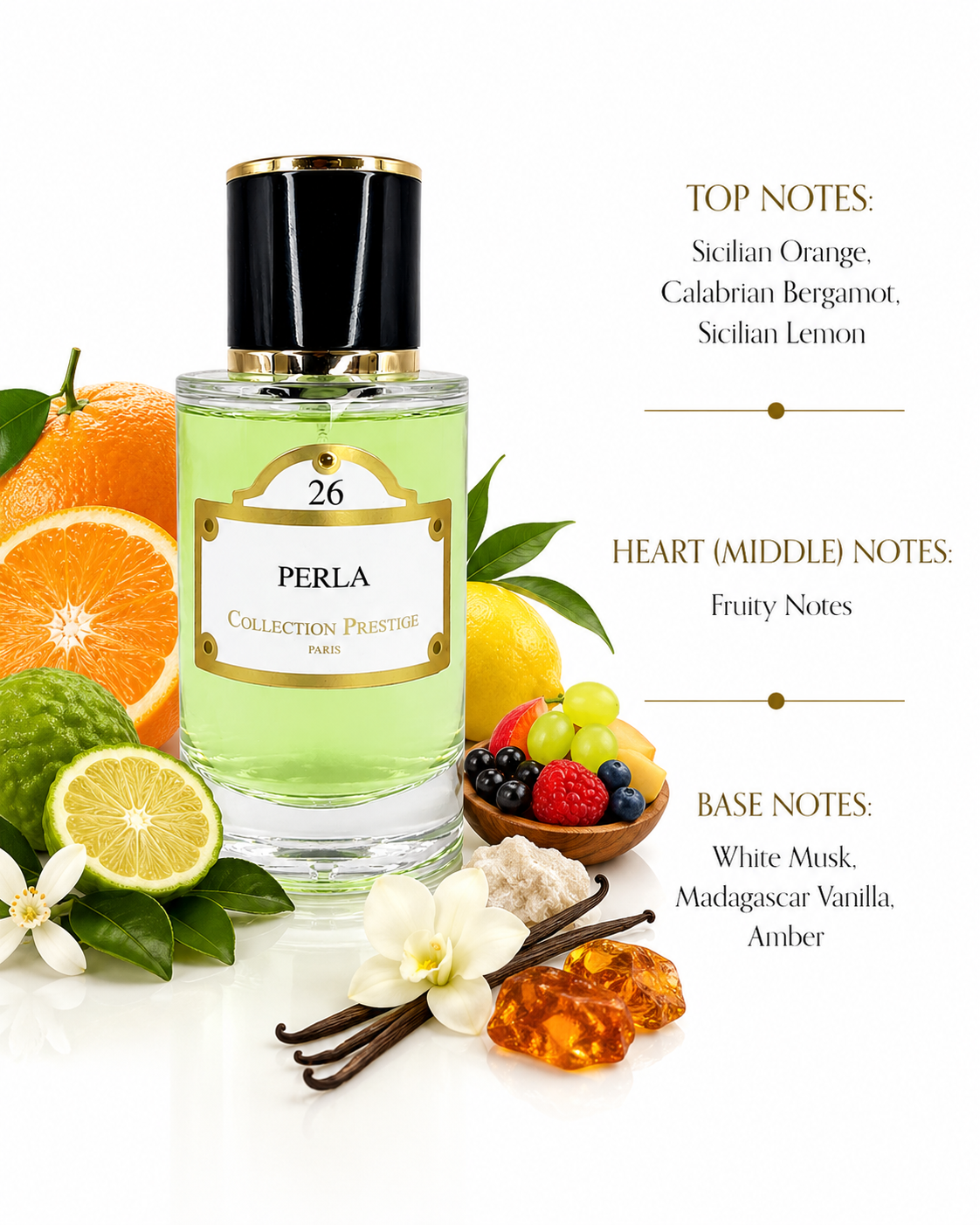 Collection Prestige Perla No. 26 fragrance featuring citrus, fruity, vanilla, amber and white musk notes