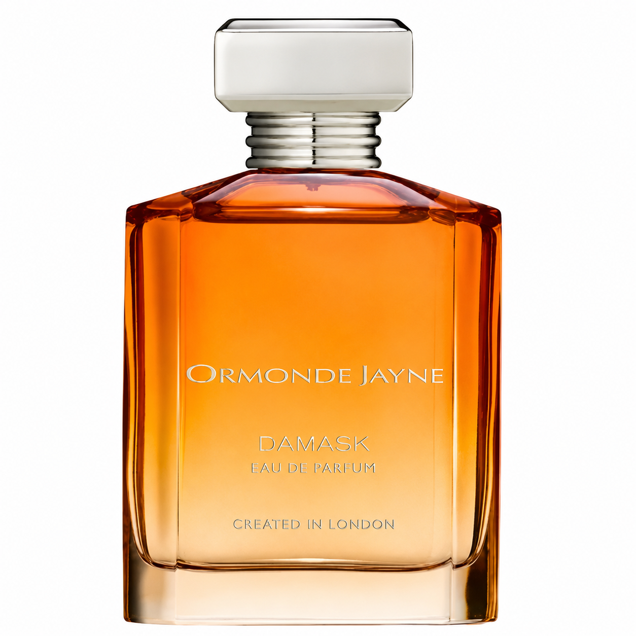 Ormonde Jayne Damask Eau de Parfum in an elegant clear glass bottle filled with warm amber fragrance, featuring a minimalist design, a refined frosted cap, and sophisticated silver lettering, presented on a clean white background. Luxury niche perfume showcased in a high-resolution studio product image.
