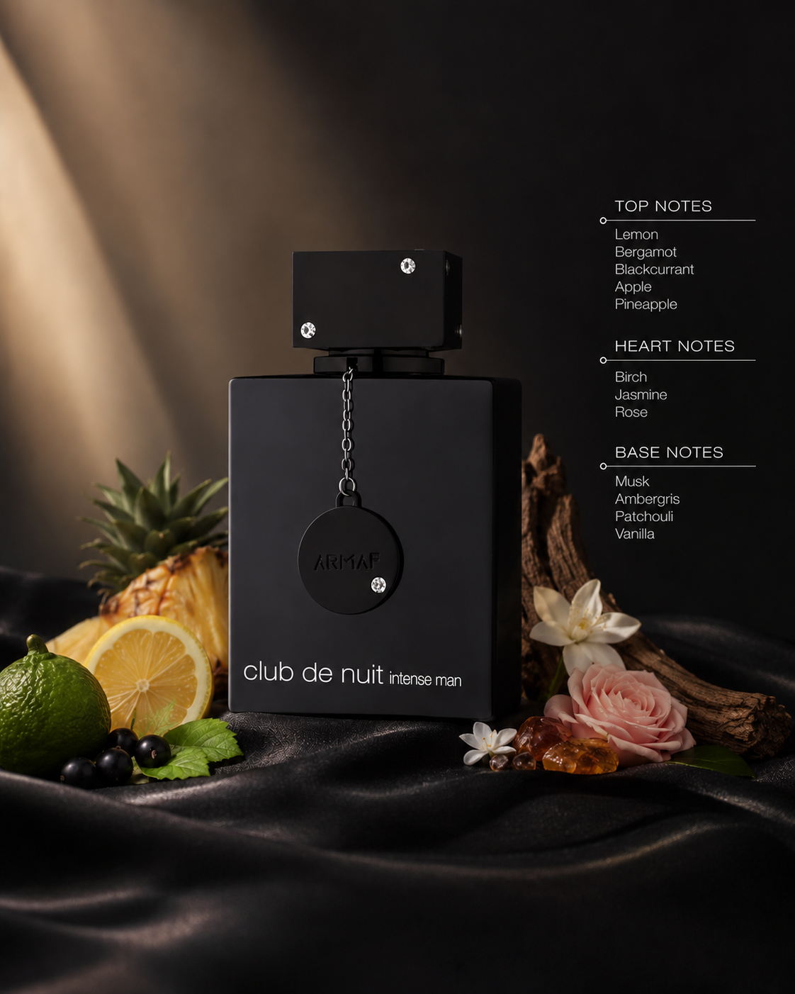 Armaf Club de Nuit Intense Man Eau de Toilette displayed with lemon, bergamot, pineapple, blackcurrant, rose, jasmine, birch wood, ambergris, patchouli, vanilla, and musk, illustrating its fresh fruity, smoky woody fragrance notes