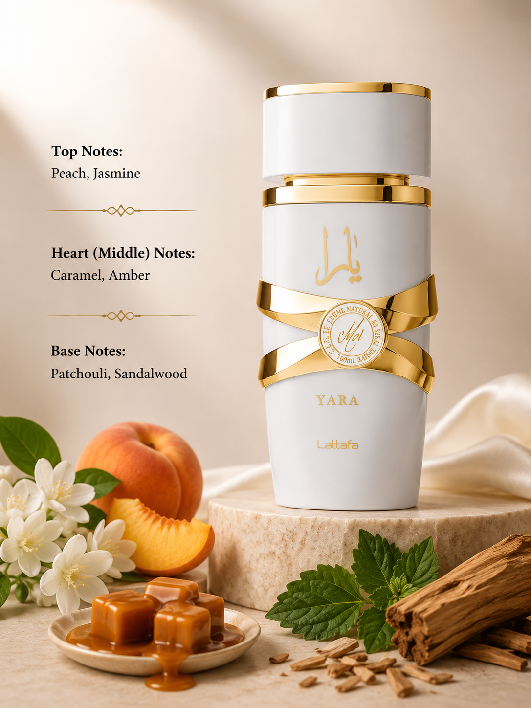 Lattafa Yara displayed with its soft gourmand-floral composition:
Top: Peach, Jasmine
Heart: Caramel, Amber
Base: Patchouli, Sandalwood
A sweet and comforting fragrance that opens with juicy peach and delicate jasmine, develops into a warm heart of caramel and amber, and settles into a smooth, creamy base of patchouli and sandalwood. Presented in its elegant white-and-gold bottle, Yara embodies softness, femininity, and irresistible sweetness.