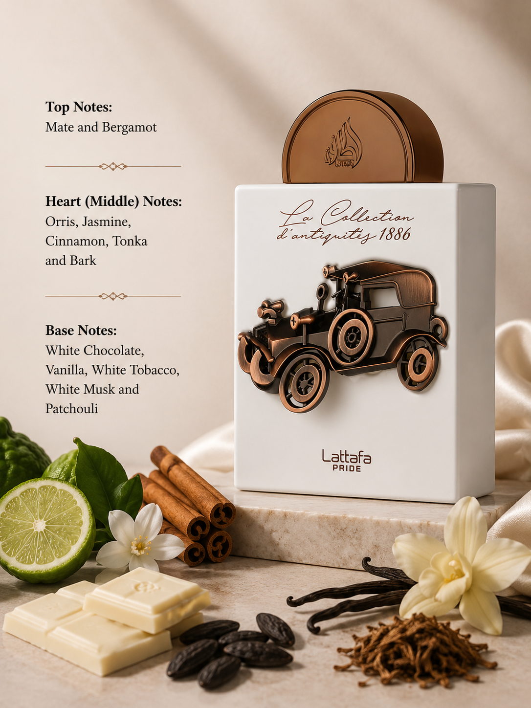 Lattafa Pride Antique Eau de Parfum with citrus, vanilla and fragrance notes