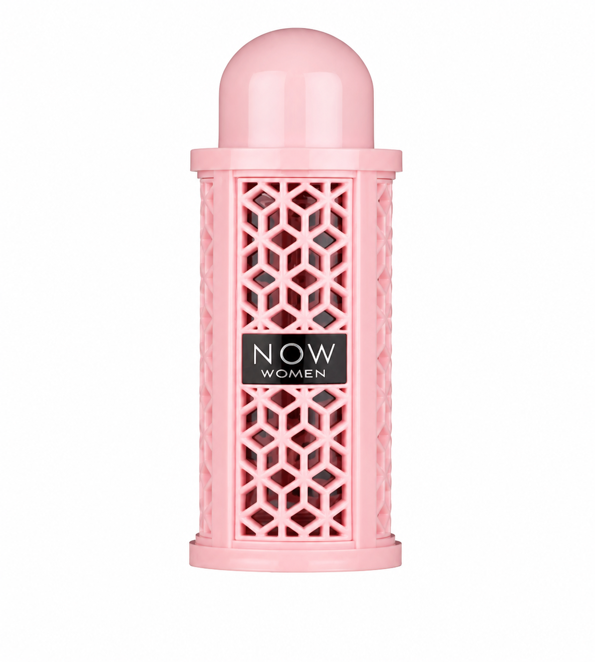 Rave Now Women Eau de Parfum in an elegant blush pink cylindrical bottle with a modern geometric lattice design and minimalist black logo, presented on a clean white background. Premium feminine fragrance showcased in a high-resolution studio product image.