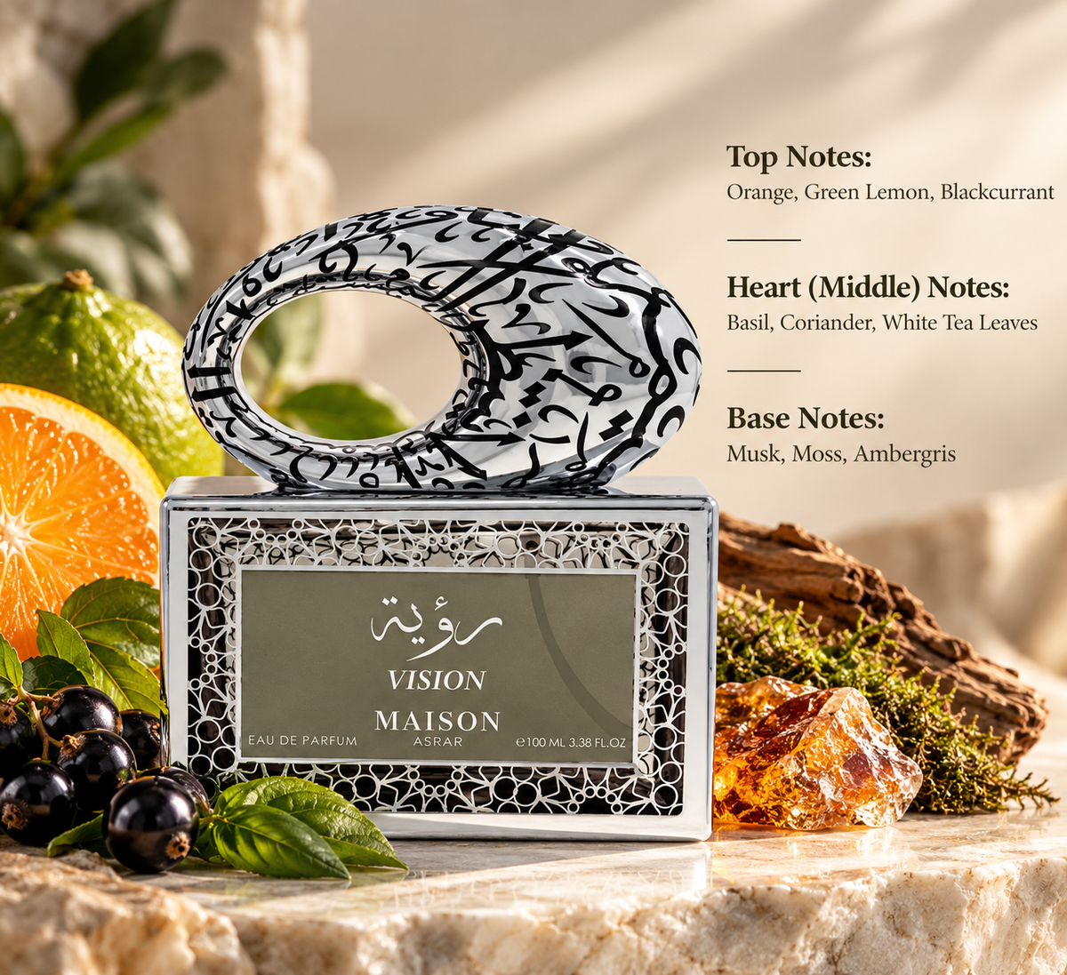 Maison Asrar Vision Eau de Parfum displayed on elegant beige marble, surrounded by fresh orange, green lemon, blackcurrants, basil leaves, moss and amber accents. A refined citrus aromatic fragrance with green herbal notes, white tea, musk and ambergris, presented in a luxurious setting.
