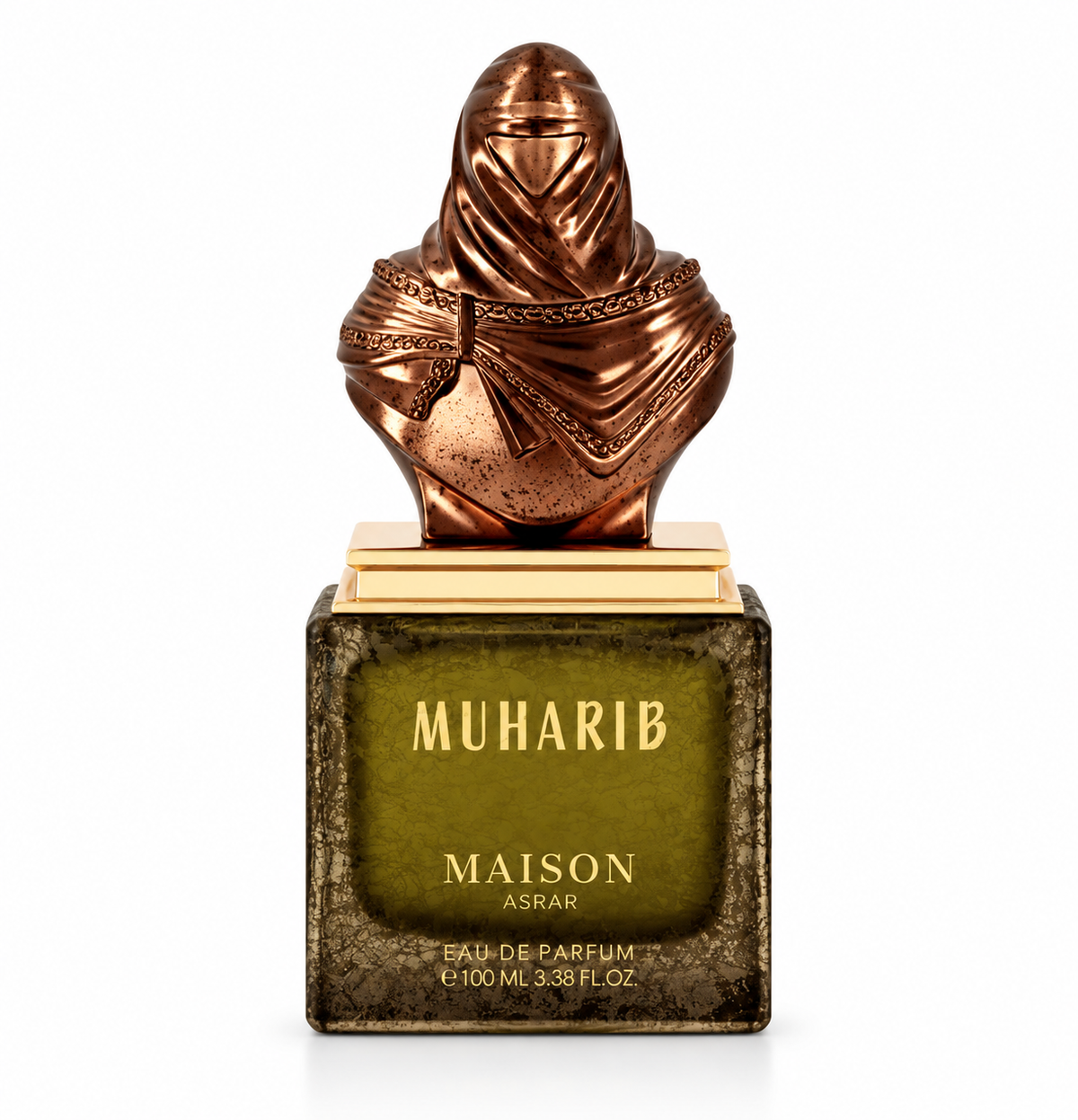 Maison Asrar Muharib 100ml Eau de Parfum featuring a luxurious olive-green glass bottle with an antique textured finish, elegant gold lettering and a distinctive bronze warrior-shaped cap. Premium Arabian fragrance photographed against a pure white background.