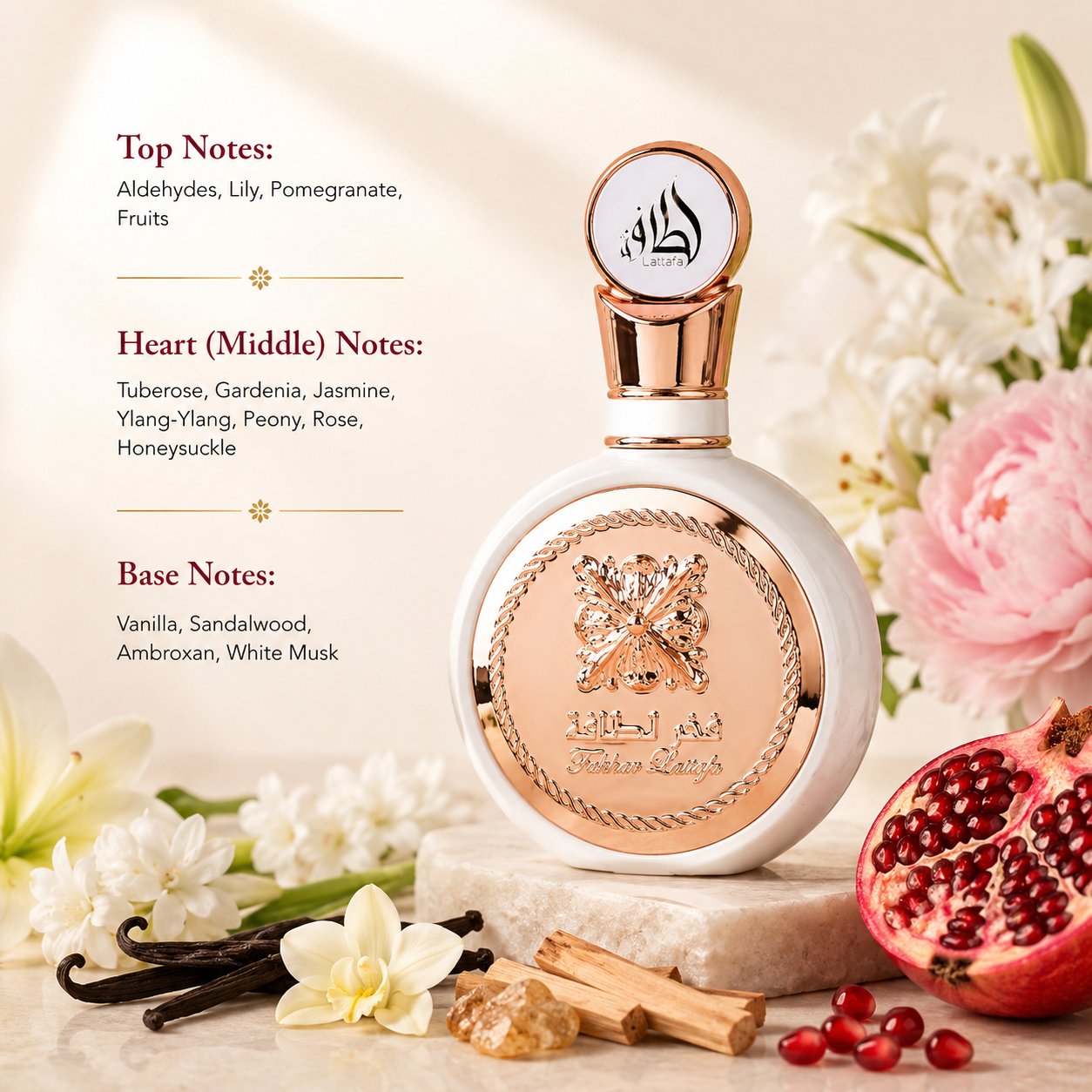 Lattafa Fakhar Rose Eau de Parfum showcased in an elegant luxury fragrance composition featuring aldehydes, lily, pomegranate, tuberose, gardenia, jasmine, ylang-ylang, peony, rose, honeysuckle, vanilla, sandalwood, ambroxan, and white musk-inspired elements. The sophisticated white bottle with rose gold detailing is presented in a refined setting that highlights its fresh floral, creamy, and musky feminine character.