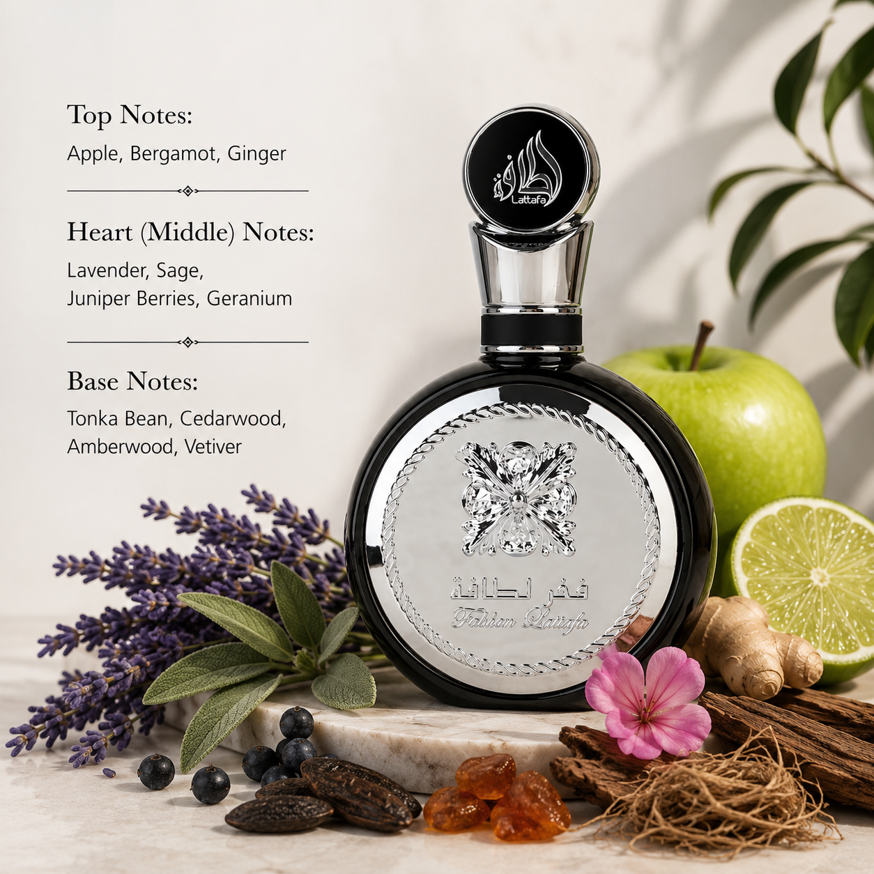 Lattafa Fakhar Eau de Parfum showcased in an elegant luxury fragrance composition featuring apple, bergamot, ginger, lavender, sage, juniper berries, geranium, tonka bean, cedarwood, amberwood, and vetiver-inspired elements. The sophisticated black and silver bottle is presented in a refined setting that highlights its fresh aromatic, woody, and masculine character.
