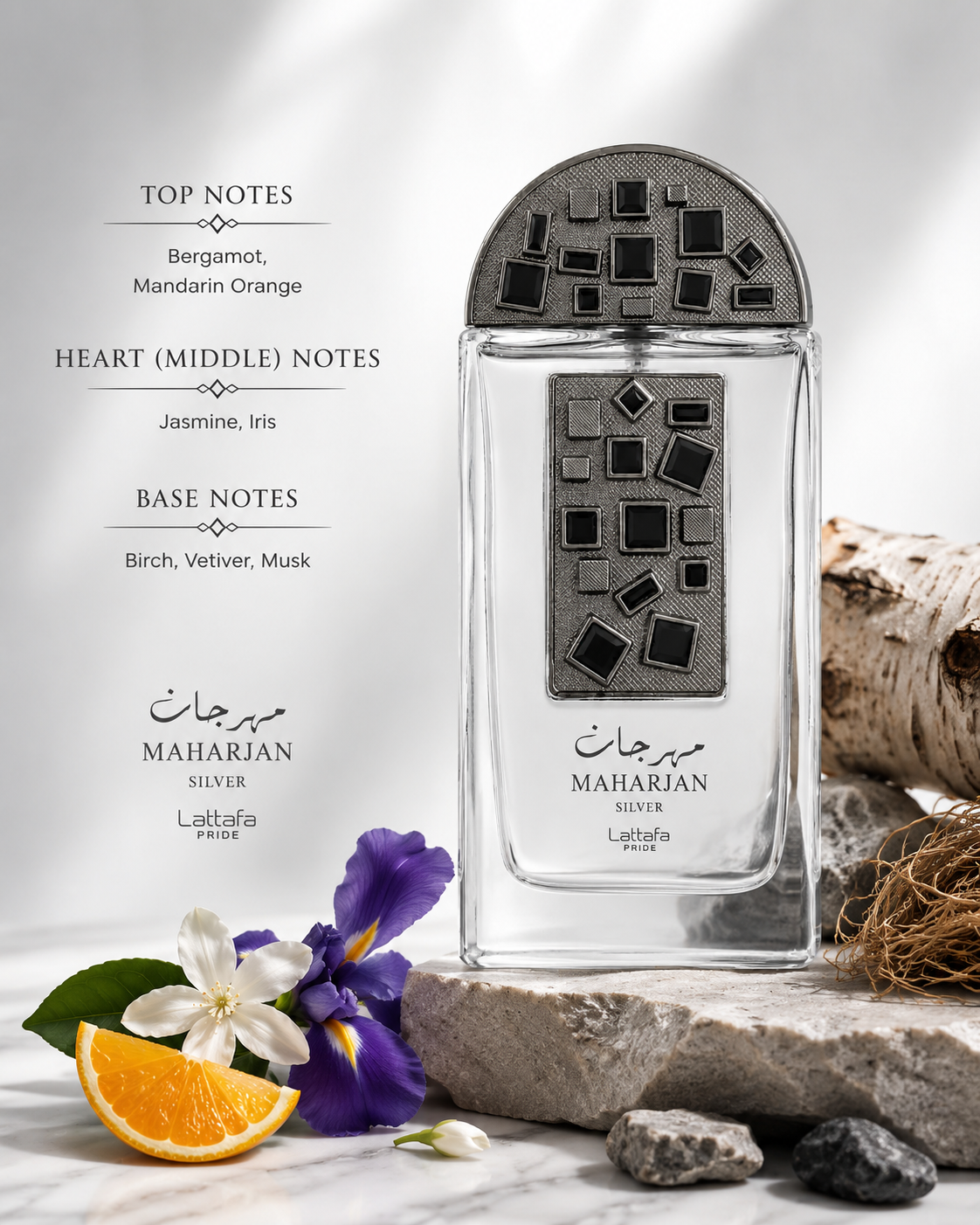 A clear glass perfume bottle labeled Maharjan Silver features a decorative silver top with geometric patterns.