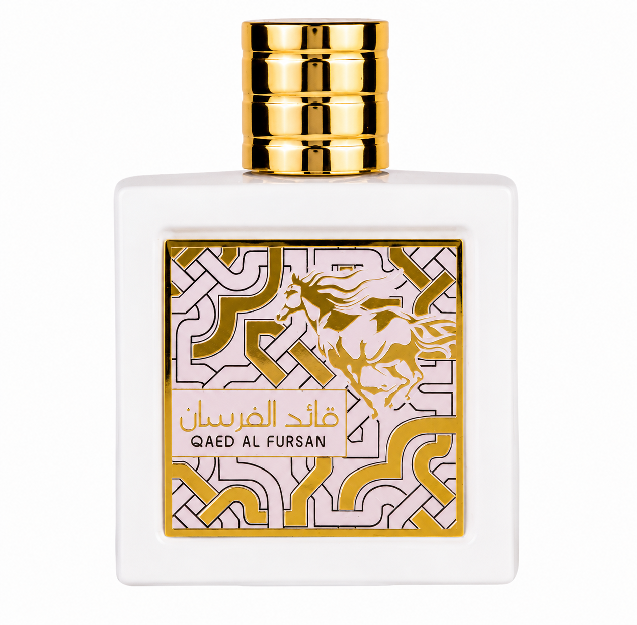 Lattafa Qaed Al Fursan Eau de Parfum in an elegant matte white bottle with a luxurious gold cap and an intricate gold horse motif on the front label, presented on a clean white background. Premium oriental fragrance showcased in a high-resolution studio product image.
