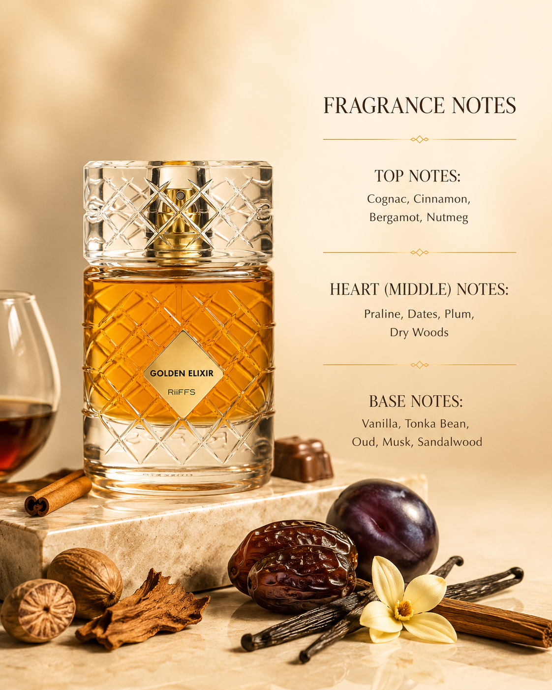 Riiffs Golden Elixir Eau de Parfum styled with cognac, dates, vanilla, cinnamon, woods and fragrance notes, illustrating its warm gourmand oriental scent.