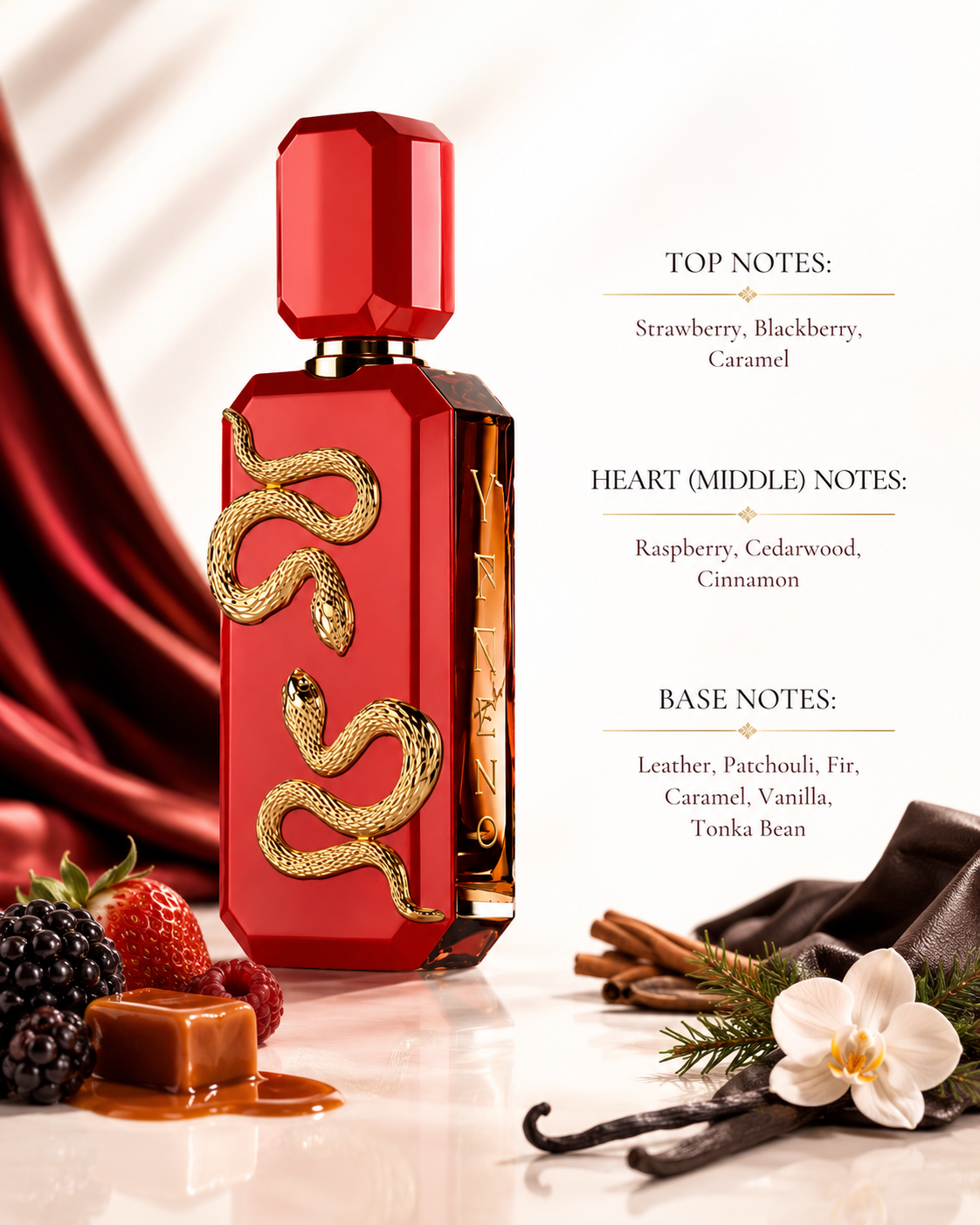 Ynneno Eau de Parfum showcased in a luxurious setting with fresh berries, caramel, cinnamon sticks, vanilla pods, leather accents, and white orchid blooms, reflecting its rich gourmand-woody composition. This captivating fragrance blends juicy strawberry and blackberry with caramel, evolves into raspberry, cedarwood, and cinnamon, and settles into an indulgent base of leather, patchouli, fir, vanilla, tonka bean, and caramel for a warm, sophisticated, and unforgettable fragrance experience.