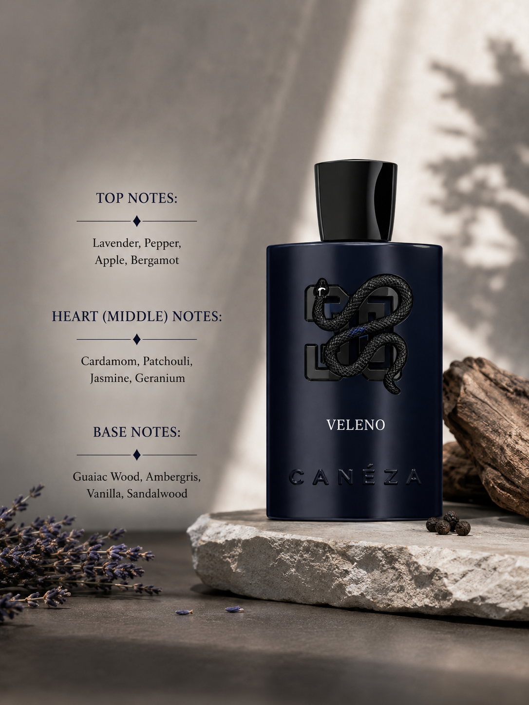 Canéza Veleno with lavender, bergamot, patchouli and sandalwood for a fresh woody scent.