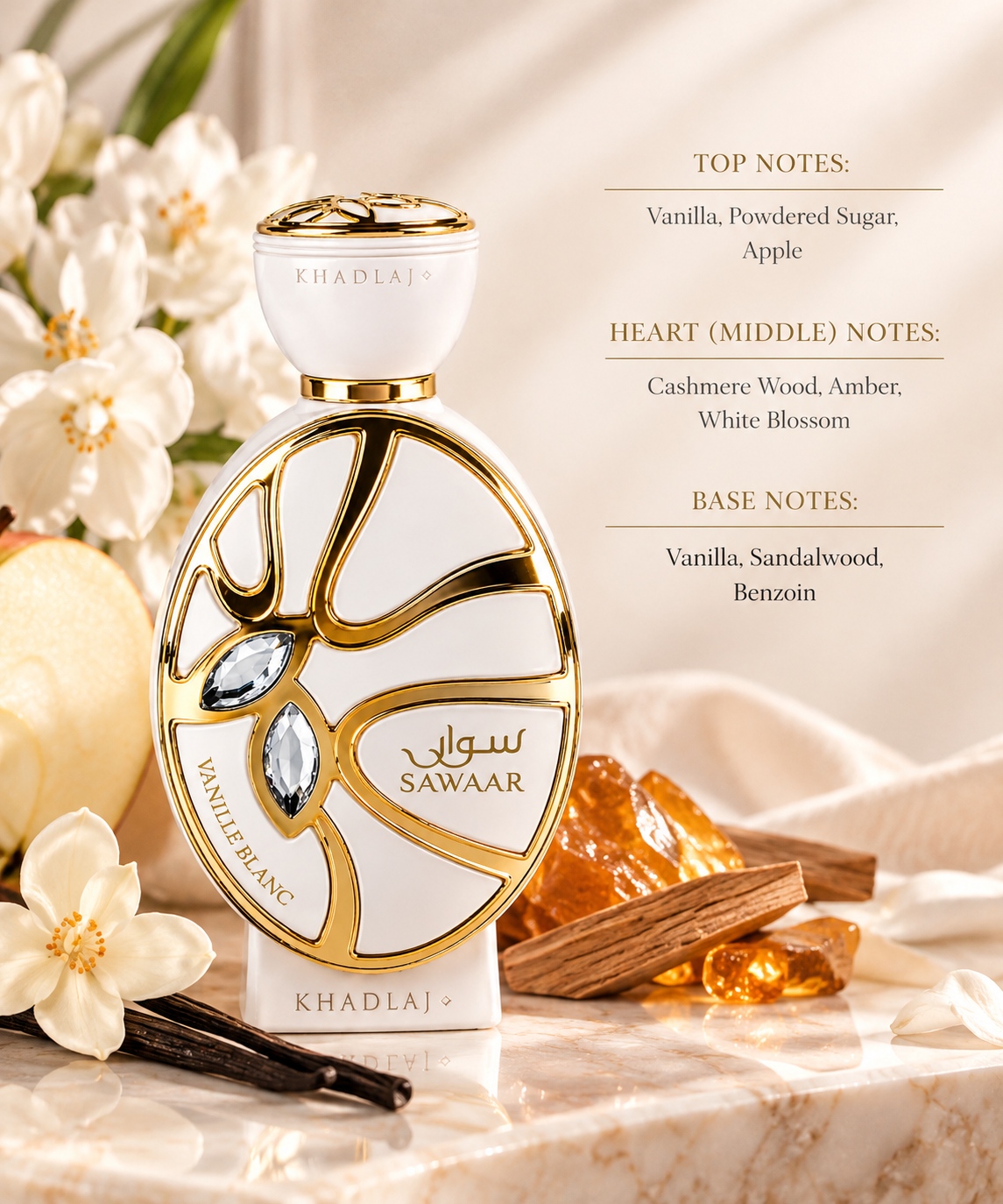 Khadlaj Sawaar Vanille Blanc styled in a warm, luxurious setting with vanilla, powdered sugar and apple, complemented by white blossom, cashmere wood and amber, with sandalwood and benzoin accents reflecting its creamy, sweet and sophisticated character.