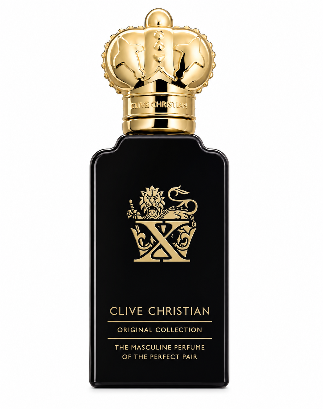 Clive Christian X Masculine Original Collection perfume bottle, front-facing and centered on pure white background. Preserve the exact black bottle, ornate gold crown cap, gold X emblem, branding and proportions. Clean studio lighting, subtle shadow, sharp photorealistic luxury product photography.