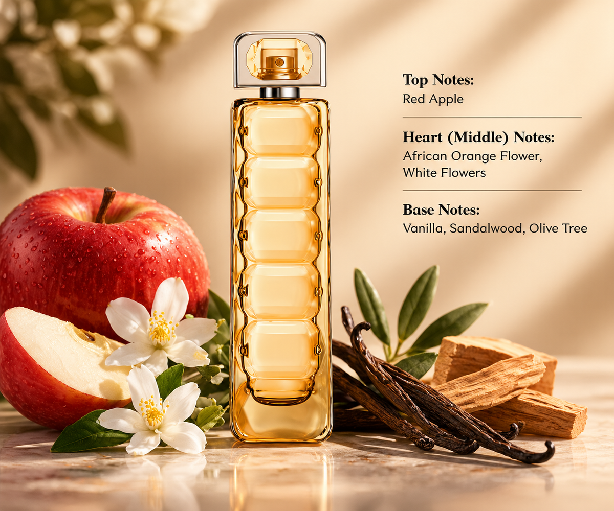 Luxurious women's perfume in an amber glass bottle, surrounded by fresh red apples, delicate white orange blossoms, vanilla pods, sandalwood and olive leaves. Beautifully arranged on a polished marble surface with warm golden lighting, highlighting its fruity, floral and woody fragrance.
